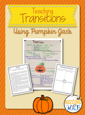 Teach transitions in writing with the mentor text Pumpkin Jack! This post includes an anchor chart, an activity for students to do to insert transitions, tips for using a mentor text, and a free download! Perfect for 3rd and 4th grade, especially as an October read aloud! #teachingtransitions #transitionsinwriting