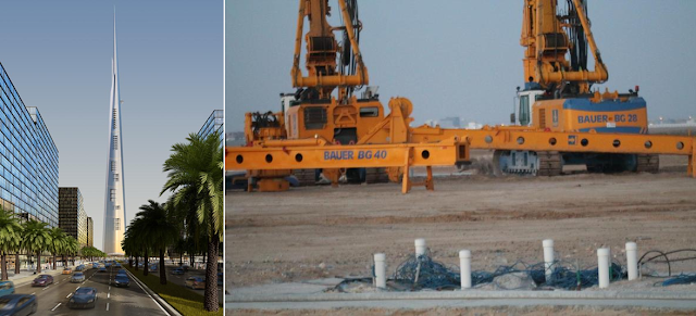 Pictures of Kingdom Tower rendering and machines on the construction site
