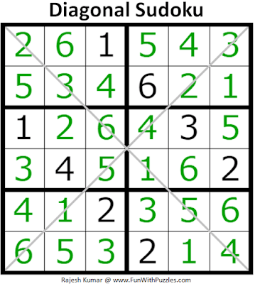 Answer of 6x6 Diagonal Sudoku Puzzle (Mini Sudoku Series #116)