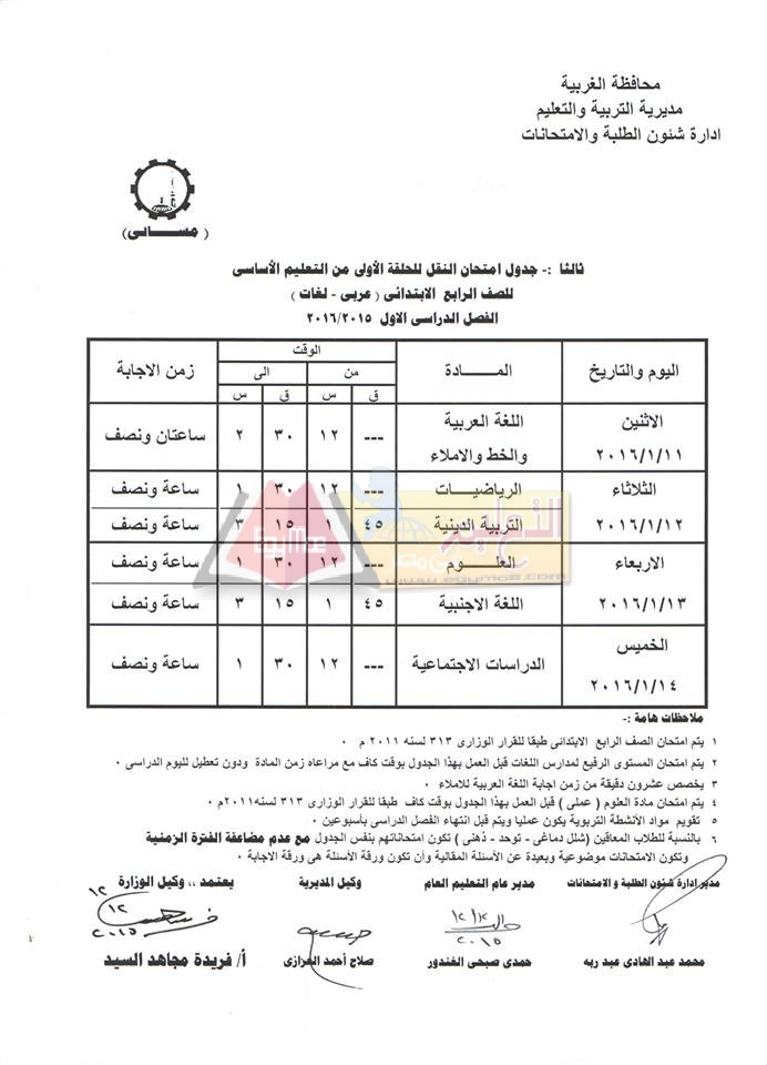 تعليم الغربية: اعتماد جداول امتحانات نصف العام 2016 6-4