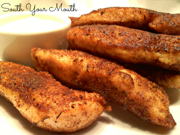 Naked Chicken Tenders! Pan-fried chicken tenders with NO BREADING with twice the flavor and half the work of traditional fried chicken tenders seasoned with a rotisserie style spice blend recipe called 'Chicken Scratch' - recipe included!