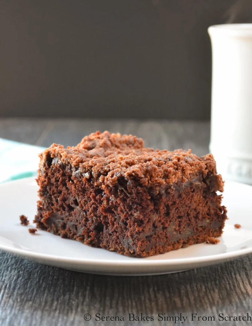 Chocolate Zucchini Coffeecake With Chocolate Crumb- Light yet fudgy with a crunchy chocolaty crumb. Perfect for breakfast, brunch or dessert. {Serena Bakes Simply From Scratch}