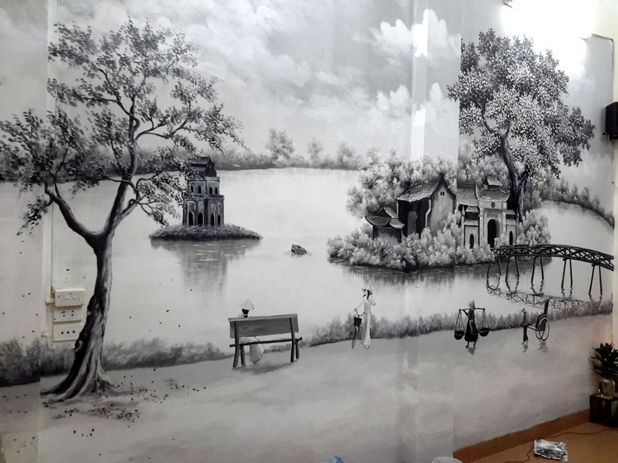 Công trình vẽ tháp rùa hồ gươm tại hà nội | Học vẽ tranh tường 3d, dạy vẽ  phong cảnh online cơ bản tại Hà Nội, HCM