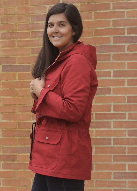 Indiesew/Allie Olsen Lonetree Jacket in red twill with a gold zipper.