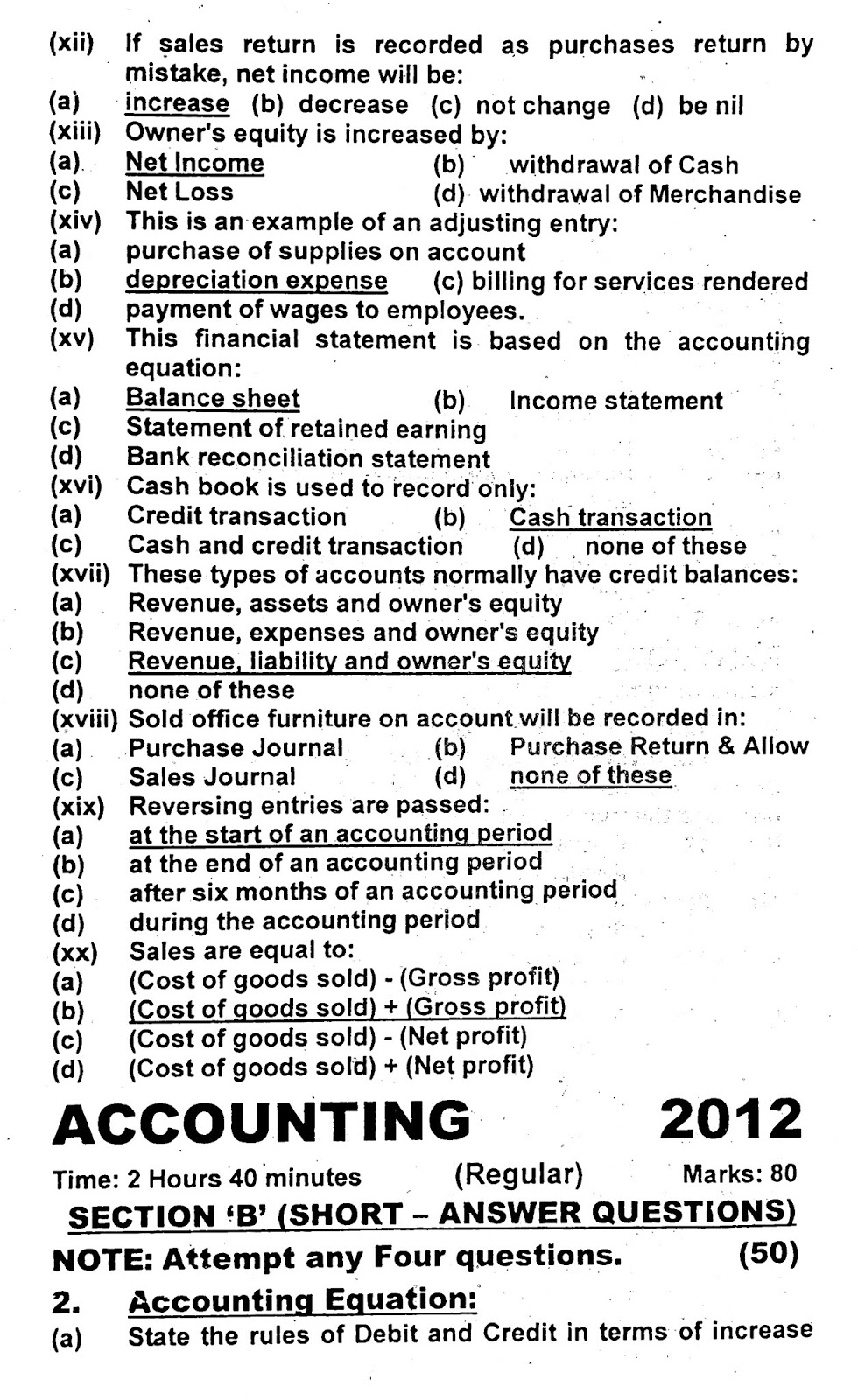 Education Is The Key To Success Accounting For Class XI Group) Past Paper 2012SSC