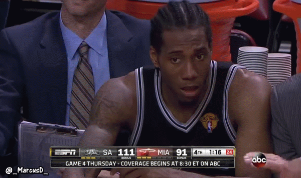 Sport GIFs & random things: Kawhi Leonard on the bench scratches his head  and his tongue reacts Miami Heat vs San Antonio Spurs NBA Finals game 3