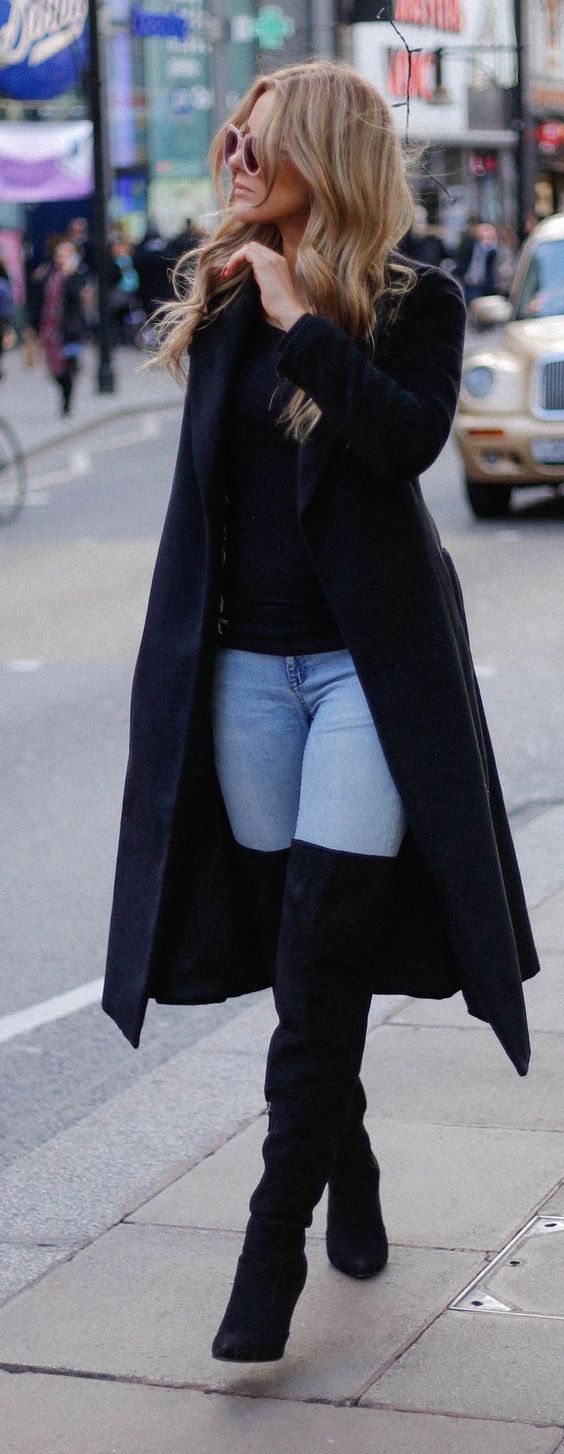Fall fashion Long coat, jeans and over the knee boots Just a Pretty