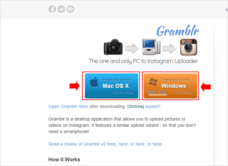 Acessando página do Gramblr para baixar aplicativo
