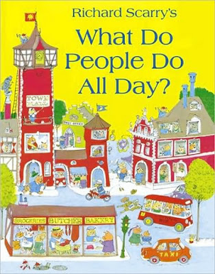 Yellow illustrated front cover of Busytown in Richard Scarry's What do People do All Day?