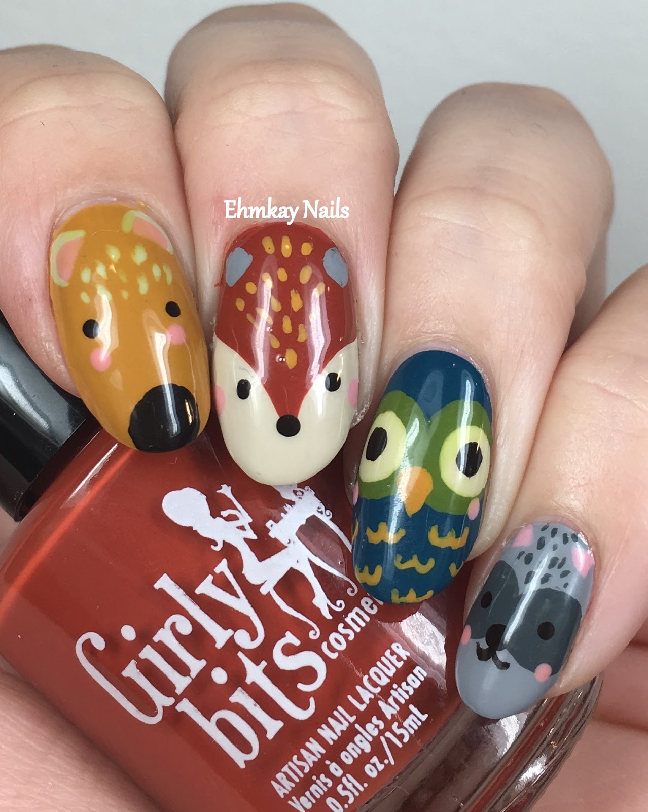 ehmkay nails Woodland Creatures Nail Art with Girly Bits Autumn Cremes