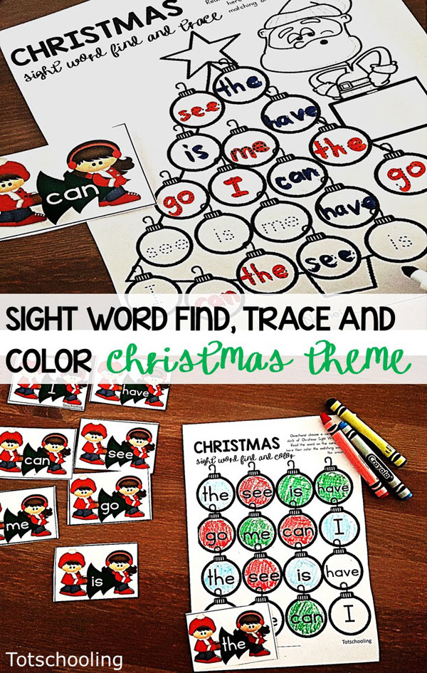 FREE printable sight word activity for kindergarten kids featuring Christmas trees and ornaments. Practice reading and writing sight words.