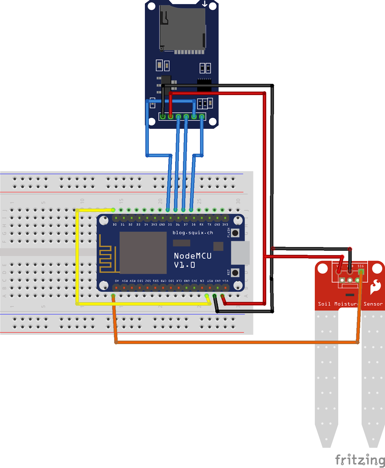 NodeMCU with SD card and moisture sensor.