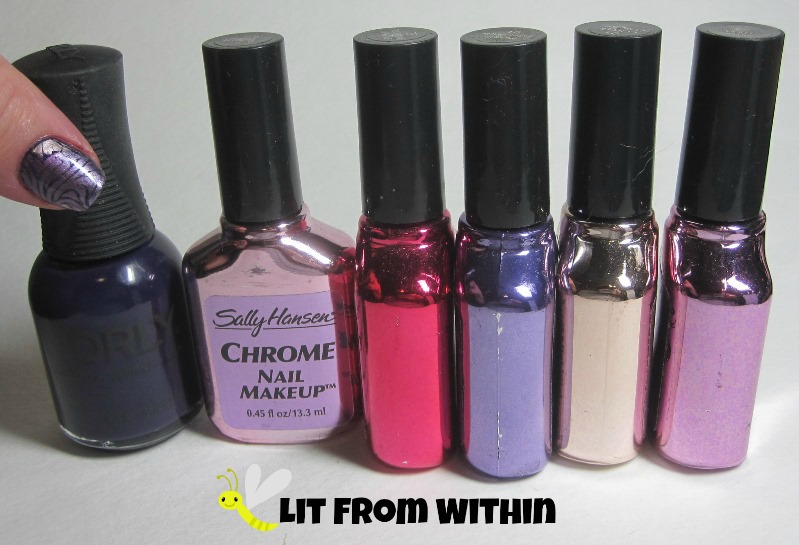 Bottle shot:  Orly Wild Wisteria, and in what I *think* is the right order, but I can't remember which is which - Sally Hansen Chrome in Orchid Sapphire, Tourmaline Chrome, Royal Purple Chrome, Copper Chrome, and Violet Sapphire.