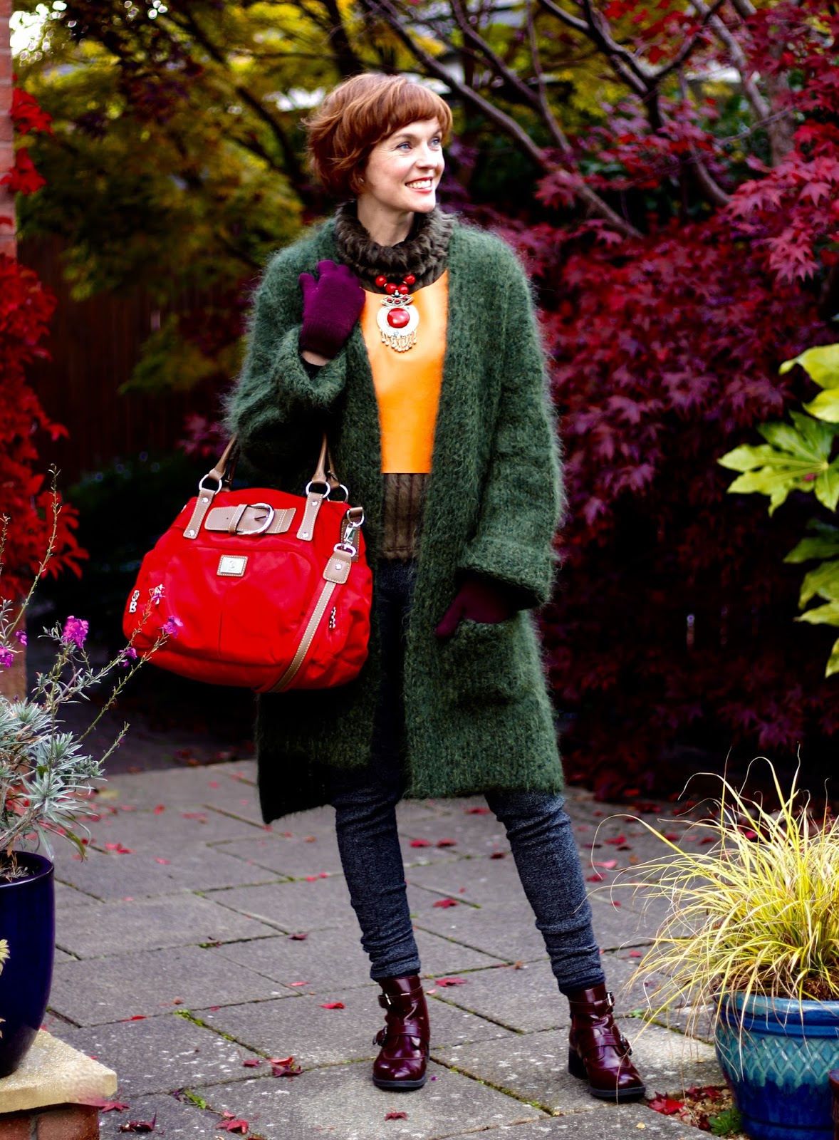 Fake Fabulous | Autumn style | Oversized green mohair cardigan & orange leather. 