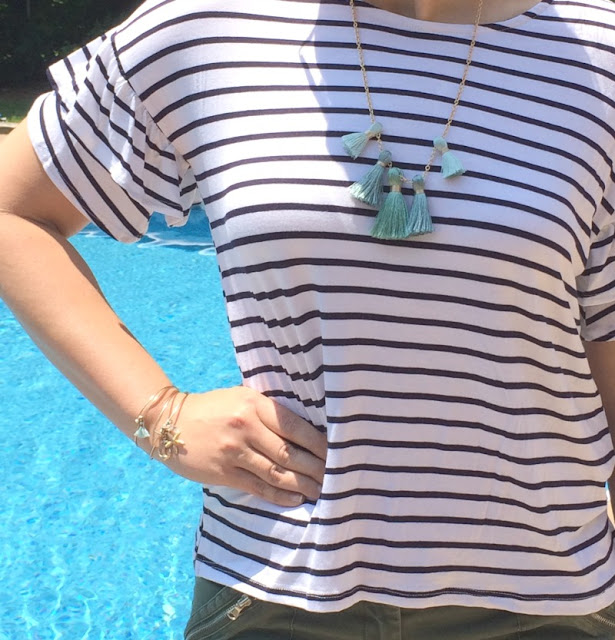 I am sharing the perfect outfit to wear for a casual outdoor event, a striped ruffle sleeve top with olive shorts.