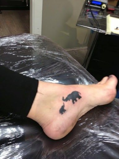 Silhuetas de uma mãe elefante e seu filho são vistos sobre o utente de pé.