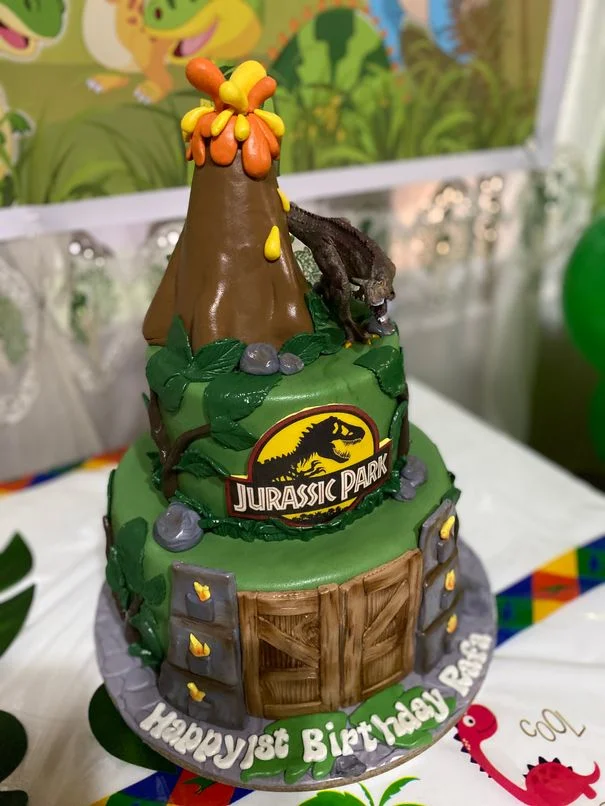 Dinosaur-themed cake from Cakes, Cookies, & Co. for our kiddie birthday party at home