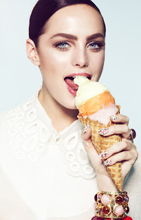woman eating junk food, model licking ice cream, ice cream manicure