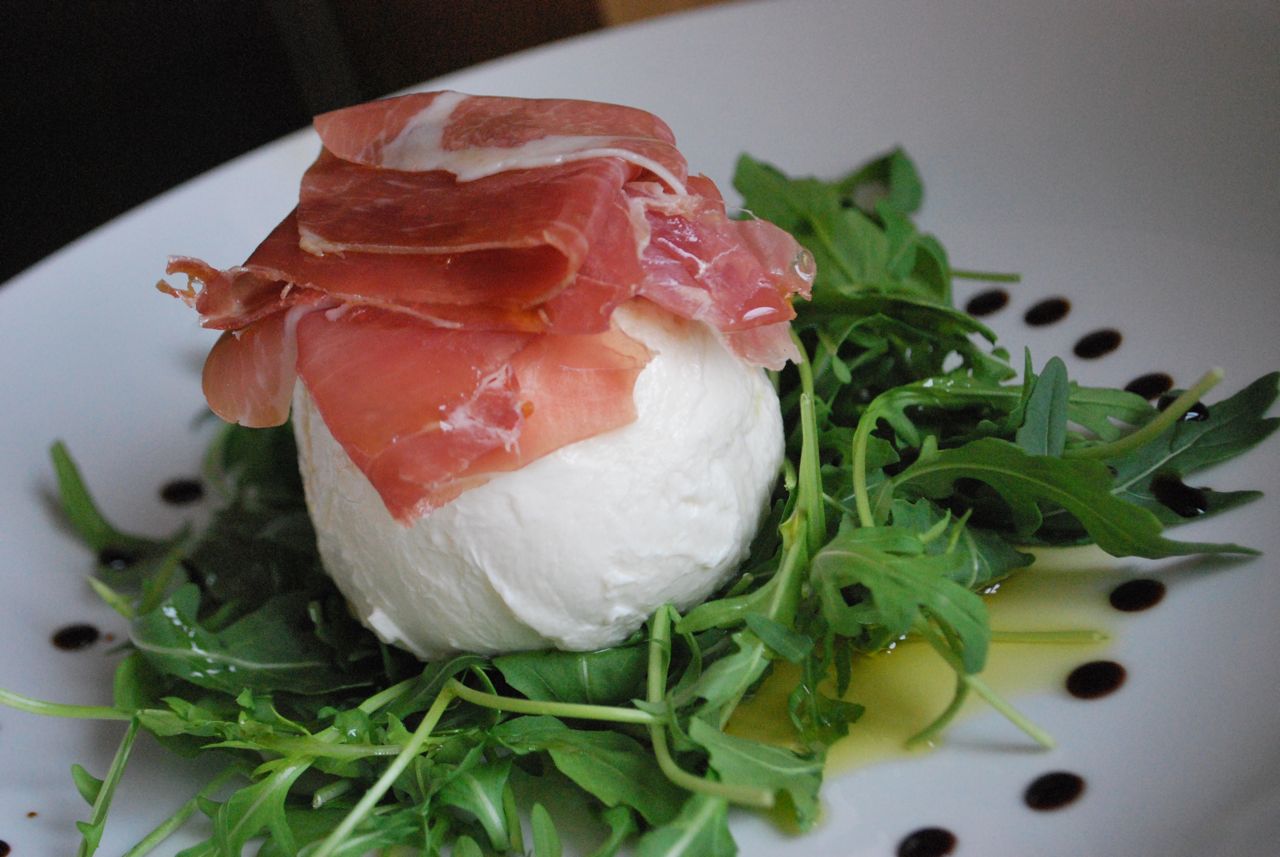 Scrumpdillyicious Mozzarella di Bufala with Prosciutto and Wild Arugula