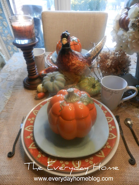 pumpkins, pheasants, Fall, berries, millet, candles, Autumn, Table, Tablescape, dishes