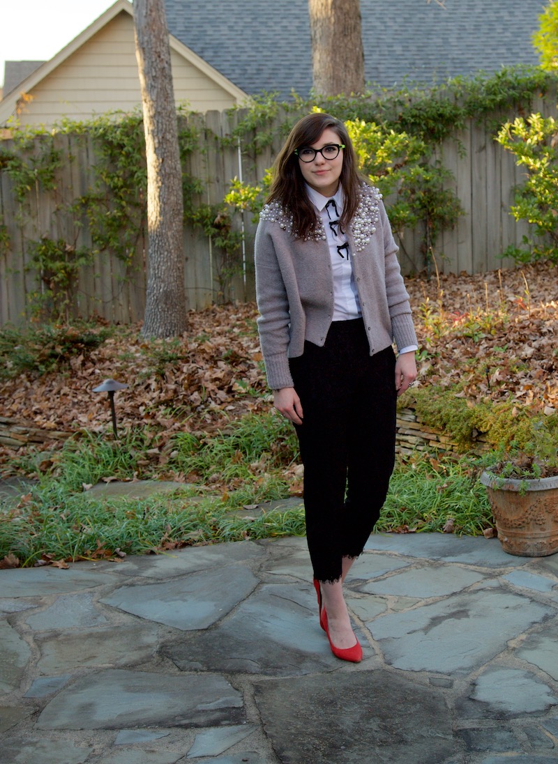 Girly Dress Pants 2017, OOTD, winter, button-down, dress pants, girly, J.Crew, lace, pearls,