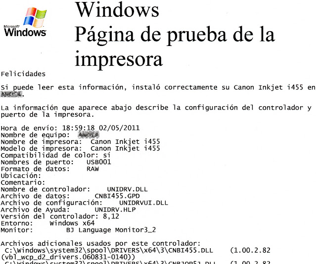 Página de prueba impresa desde Windows.