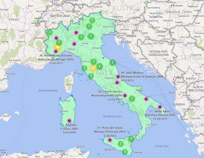 An interactive map output from Scrapbook showing all wines we drank that came from Italy. Again, notice clustering in regions like Piedmont, Tuscany, and Sicily.