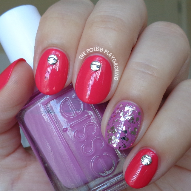 Pink Red with Silver Textured Nail Studs Nail Art