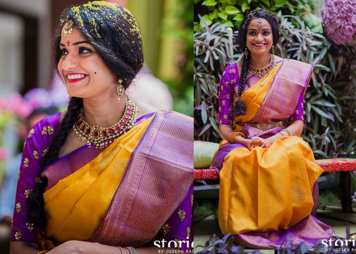 Cotton Silk Saree & Blouse Piece | Purple & Yellow