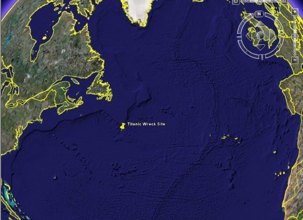 Карта утонувших. Место крушения Титаника на карте со спутника. Место крушения Титаника на карте координаты. Место гибели Титаника на карте. Место где затонул Титаник на карте.