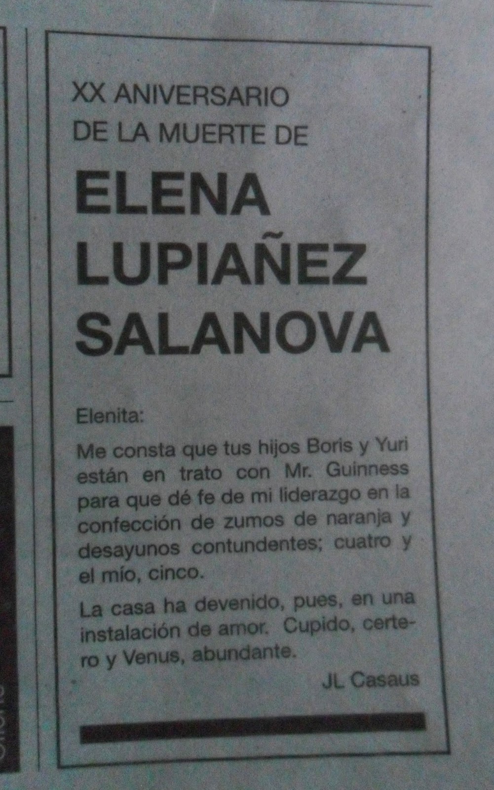 Elena Lupiáñez Salanova, José Luis Casaus, esquela, El País, vigésimo aniversario