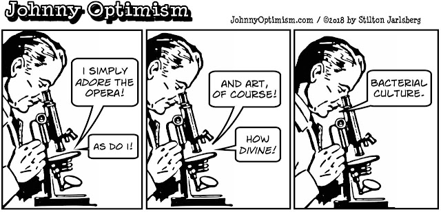 johnny optimism, medical, humor, sick, jokes, boy, wheelchair, doctors, hospital, stilton jarlsberg, bacteria, culture, microscope, art, opera