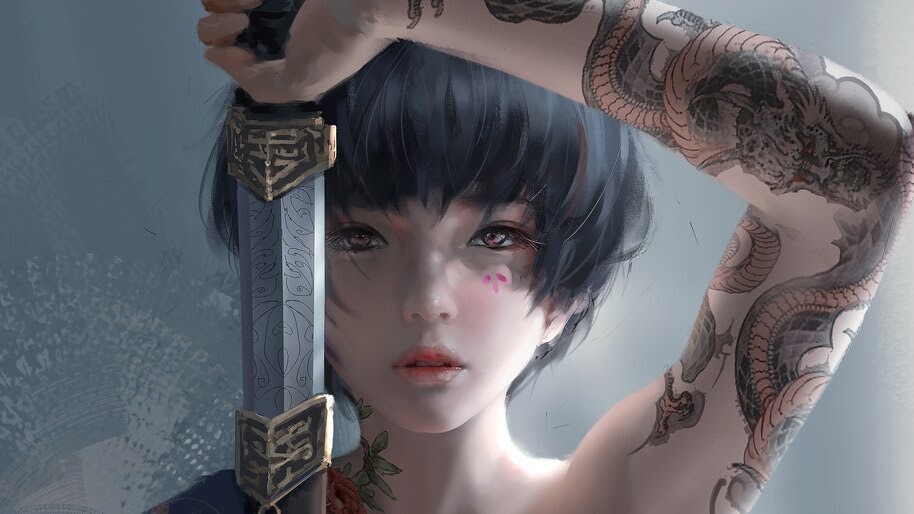 Fantasy, Girl, Tattoo, Warrior, Sword, 4K, #4.622