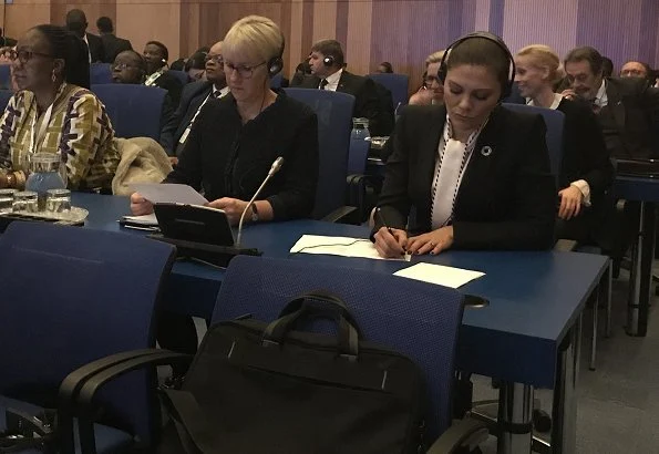 Crown Princess Victoria attended IAEA Ministerial Conference at Vienna International Atomic Energy Agency Centre. wore black blazer