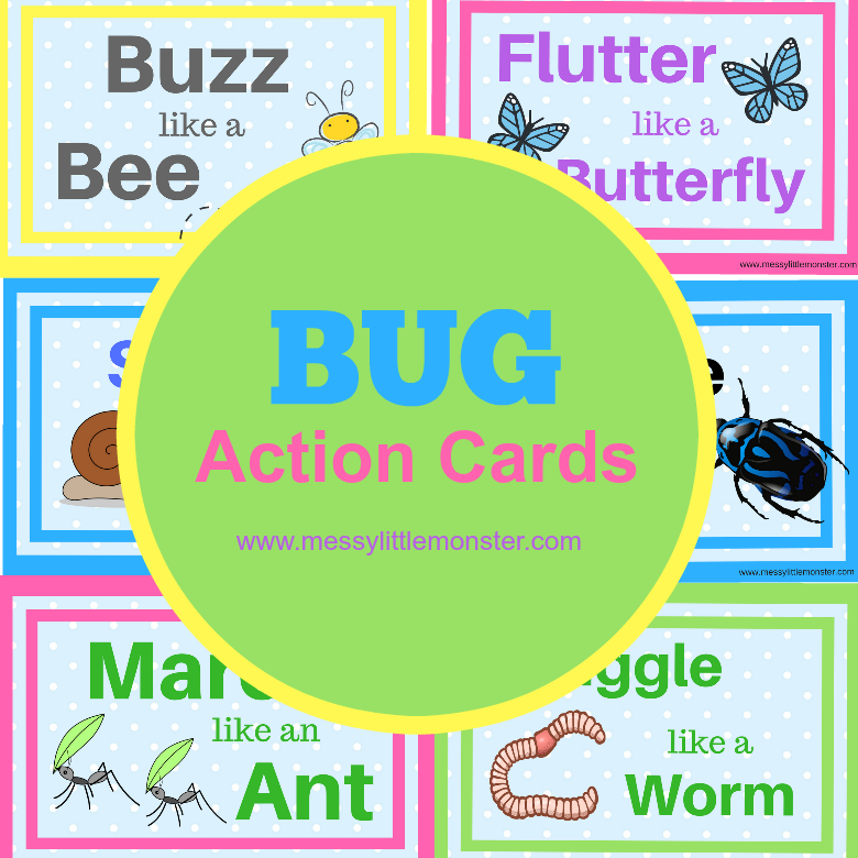 Bug action movement cards for kids. Keep toddlers and preschoolers active with these bug themed printable activity cards.