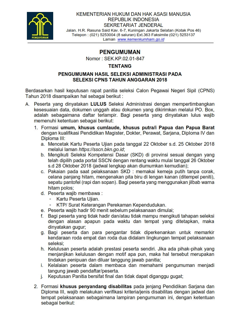 Lowongan Kerja Pengumuman Seleksi Administrasi Cpns Kemenkumham Tahun 2018