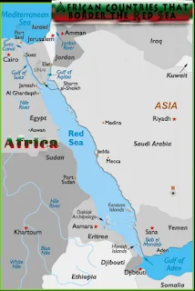 The Red Sea separates Africa from Asia; on the Western shore of the Red Sea are the African countries of Egypt, Sudan, Eritrea and Djibouti.