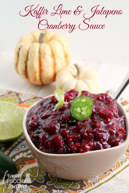 Traditional cranberry sauce gets a savory twist with bright lime and a kick of jalapeno in this Kaffir Lime & Jalapeno Cranberry Sauce. #ad