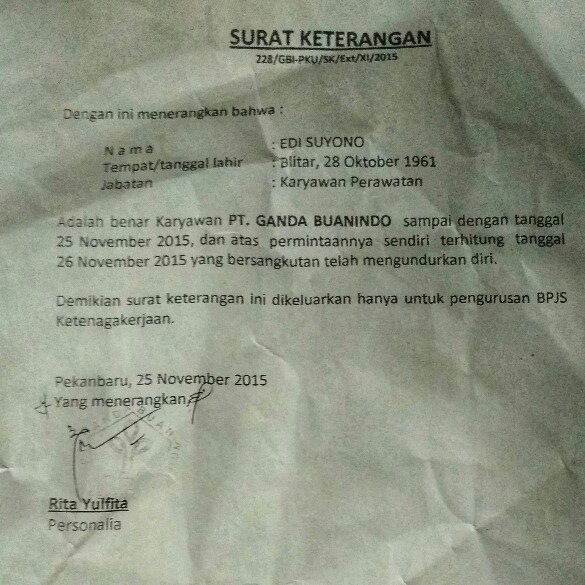 Contoh Surat Keterangan Dari Perusahaan Untuk Pencairan Jht