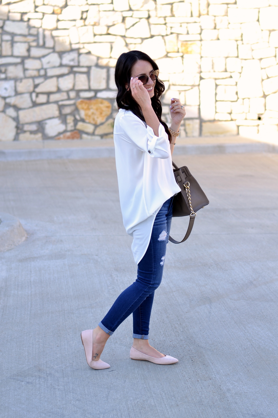 White Tunic, Distressed Denim and nude flats for a casual day look