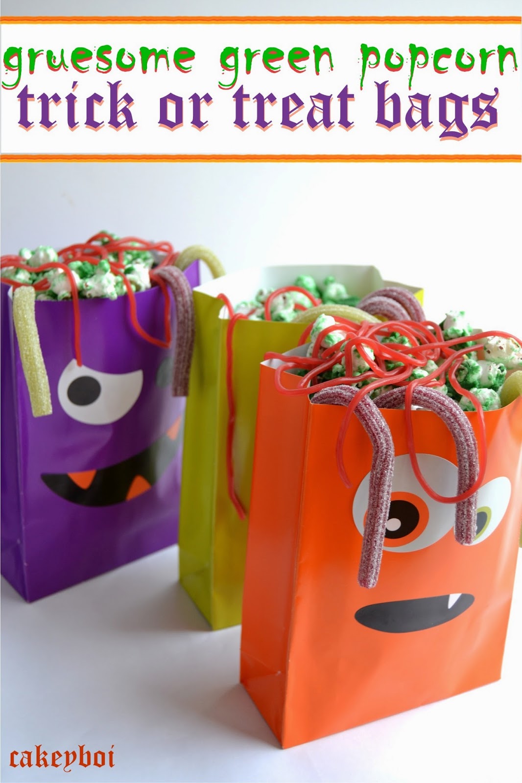 popcorn covered with candy melts for halloween in fun trick or treat bags