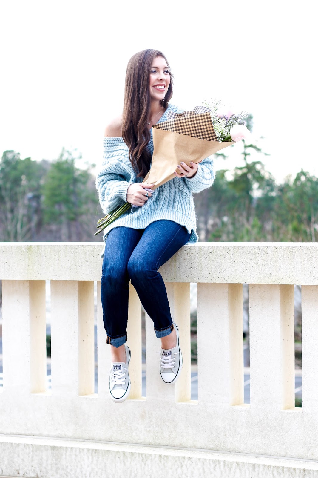 Sunny Afternoon V-neck Sweater Chicwish, chunky knit carolina blue sweater, winter outfit idea, casual winter outfits, fashion blogger NC, chicwish sweater, oversized knit sweater in light blue, north carolina blog, pretty in the pines, dark skinny jeans, converse shoreline sneakers