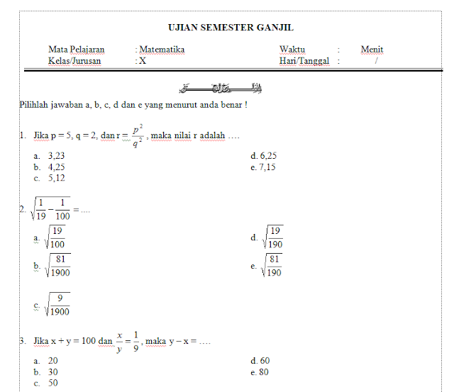 Pada kesempatan kali ini akan kami bagikan contoh latihan  Soal UTS Matematika Kelas X XI XII Semester 1 / Ganjil