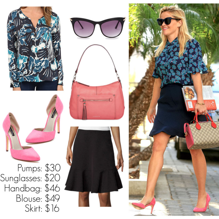 Reese Witherspoon, work attire, outfit ideas for work, floral blouse with a ruffle skirt