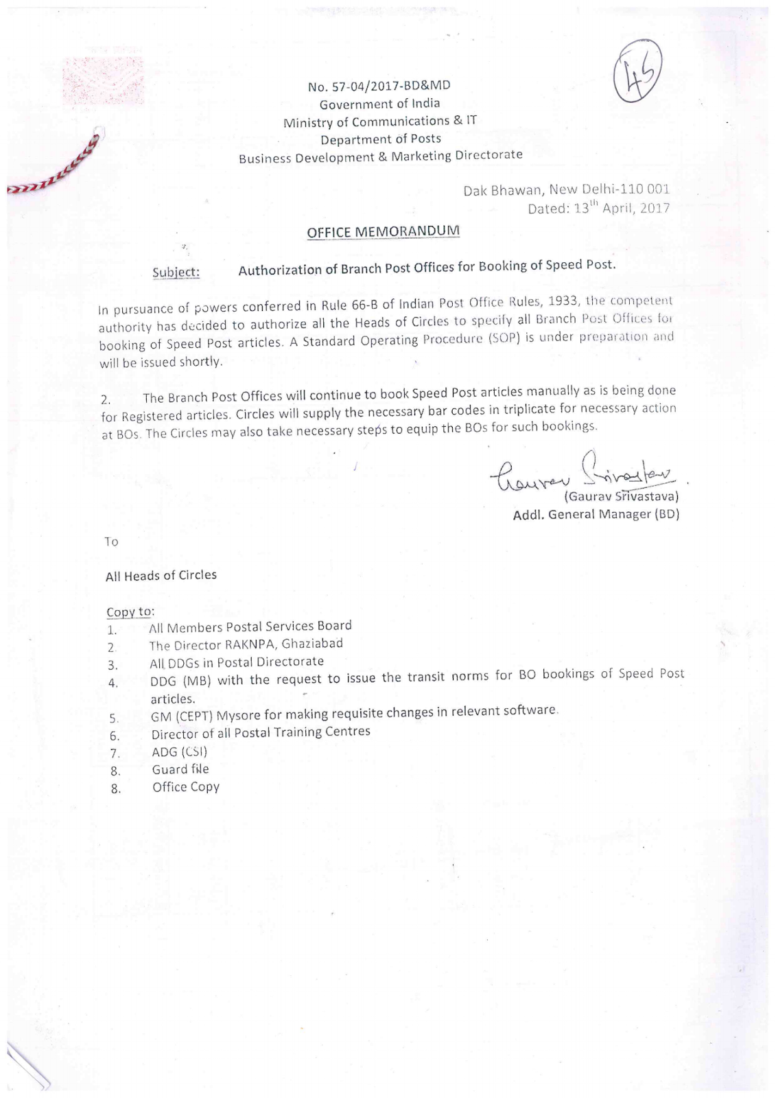 ALL INDIA GRAMIN DAK SEVAK UNION, TAMIL NADU Authorization of Branch