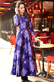 New 2016 Elegant Long Sleeve Silky Oriental Collar Purple Floral Print Flare Maxi