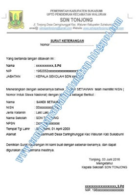 Contoh Surat Keterangan Validasi Nisn