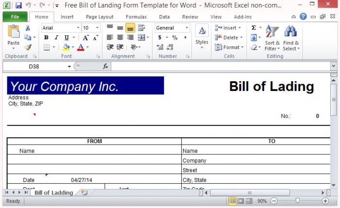 straight bill of lading short form template free