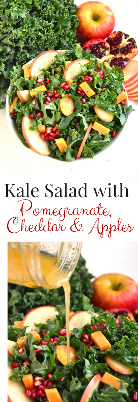 Kale Salad with Pomegranate, Cheddar and Apples features fresh kale, pomegranates, apples and cheddar cheese with a homemade apple cider vinaigrette for the perfect hearty salad! www.nutritionistreviews.com