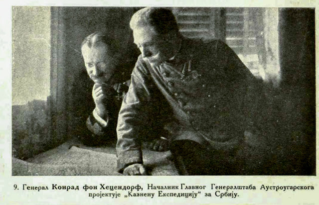 General K. v. Hotzendorf, Chief of the Austro-Hungarian Great General Staff, studies the project of the "punitive expedition against Serbia"